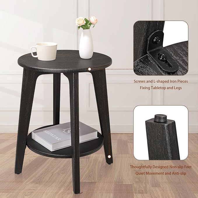 Round Side Table Black Gold Wooden End Table with Lower Shelf Rustic Vintage Nightstand Beside Table for Living Room Bedroom Small Spaces