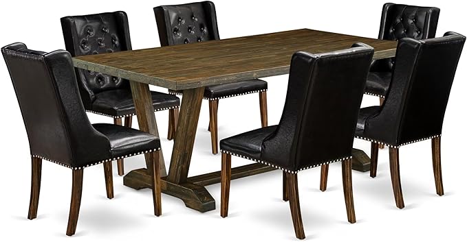 East West Furniture V777FO749-7 7 Piece Modern Dining Table Set Consist of a Rectangle Wooden Table with V-Legs and 6 Black Faux Leather Parsons Dining Chairs, 40x72 Inch, Multi-Color
