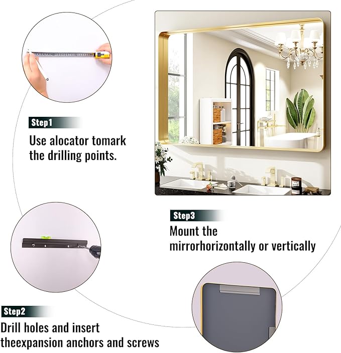 30 x 40 Inch Gold Bathroom Mirror for Wall,Aluminum Alloy Frame Rectangular Wall Mounted Mirror for Farmhouse Decor Horizontal or Vertical Ideal for Bedroom, Living Room