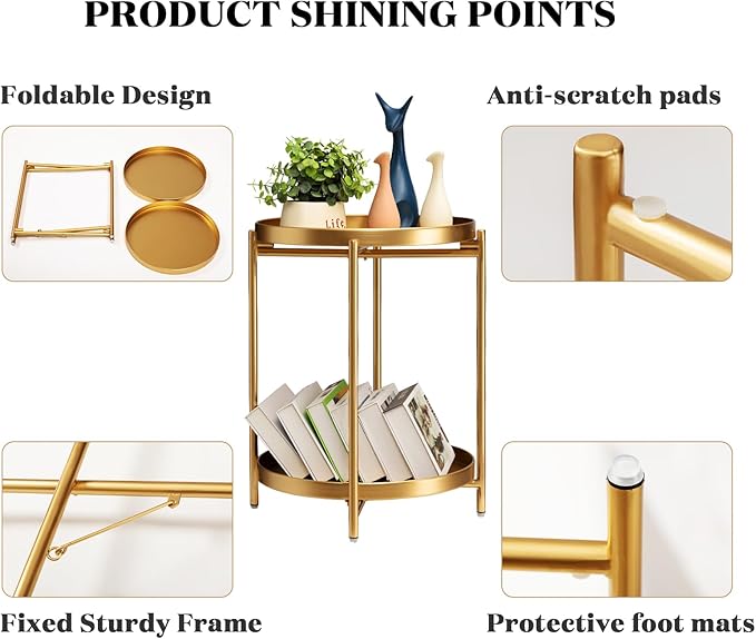 TeoKJ 2 Tier Round Side Table, Folding Metal Small Bedside Nightstand for with Two Removable Tray for Bedroom Living Room Bedside Small Spaces Gold
