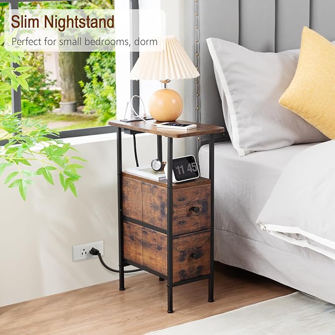 Narrow End Table Living Room with Charging Station, Skinny Side Table with Fabric Drawers, Slim Nightstand for Bedroom, Small Spaces, Couch, Rustic Brown, HETNDP02PBR-1