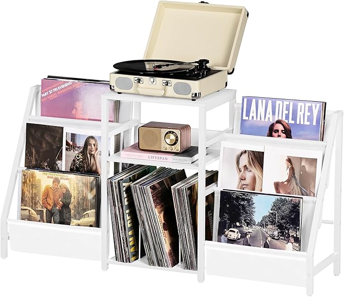 LELELINKY Record Player Table,Turntable Shelf with Vinyl Storage Up to 180 Albums,White Side Table with 3 Tier Magazine Periodical Book Rack,Wide Metal Record Holder Cabinet for Office, Music Room