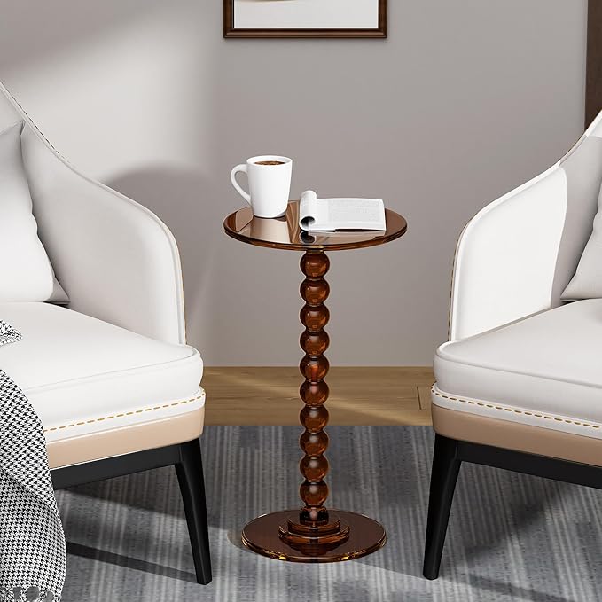Acrylic Side Table, End Table Round Top with Solid Post for Living Room, Bedroom, Balcony, Easy Assembly (Clear) (Pedestal, Dark Brown)