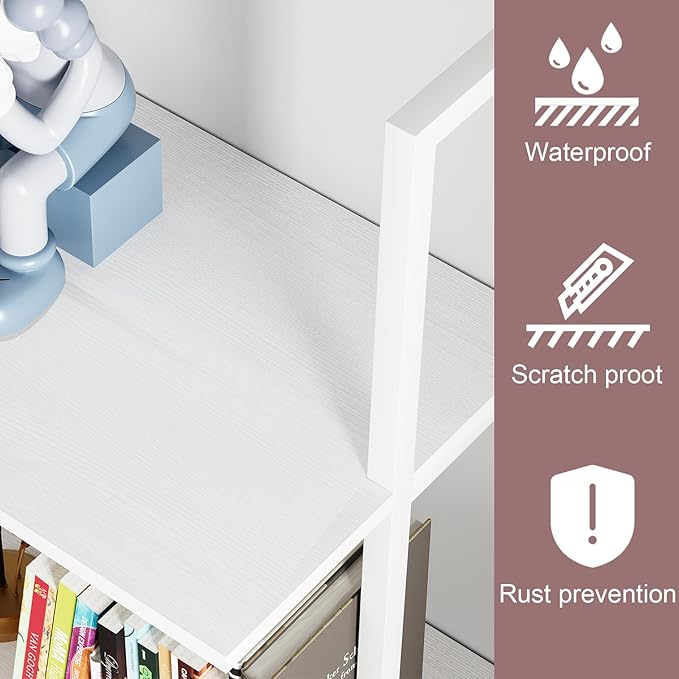 Ladder Shelf 4 Tiers Metal Industrial Bookshelf,White Wooden Tall Open Storage Rack and Display Shelves,Wall Mount Wide Bookcase for Home Office Bedroom,Small