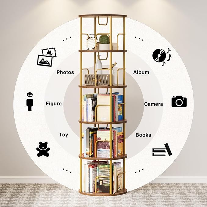 5 Tier Rotating Bookshelf, 360 Display Spinning Corner Bookshelf, Space-Saving Metal Frame Bookcase for Living Room, Office, Bedroom, Gold