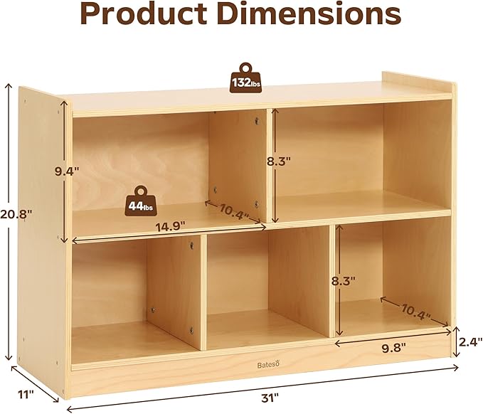 Toy Storage Organizer for Kids Room, Wooden Kids Bookshelf for Classroom, Cube Storage Organizer for Playroom, 5-Section Montessori Bookshelf & Toy Shelf for Nursery