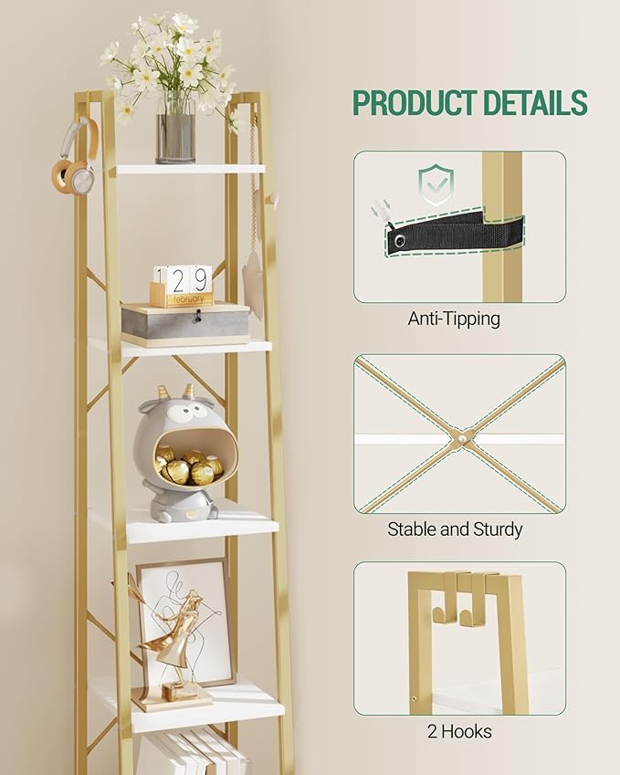 Ladder Shelf, Bookshelf Bookcase, Freestanding Corner Storage Shelve with 2 Hooks for Home Office, Living Room, Kitchen, Bedroom, Industrial, 5-Tier White Gold BC03213G