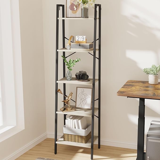 Ladder Shelf, Bookshelf Bookcase, Freestanding Corner Storage Shelve with 2 Hooks for Home Office, Living Room, Kitchen, Bedroom, Industrial, 5-Tier Greige BC19205B