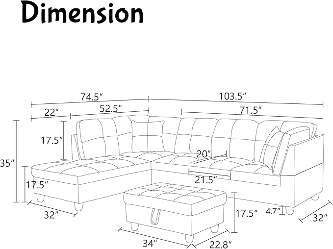 Modern Living Room Furniture Sets with Pillows, Modular Sectional Couches with Chaise Lounge, 4-Seaters L Shape Sofa with Storage Ottoman, for Living Room, Brown
