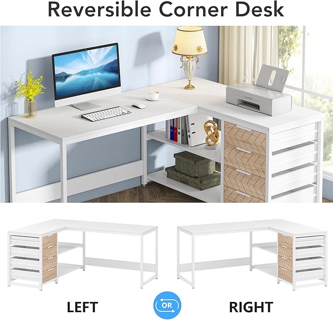 Tribesigns L Shaped Computer Desk with Storage Drawers, 59 inch Corner Desk with Shelves, Reversible L-Shaped Office Desk Study Writing Table Workstation for Home Office, White
