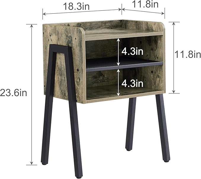 VECELO Night Stand Industrial End Table,Bedside Table with 2-Tier Open Storage Compartments for Bedroom, Living Room and Small Spaces