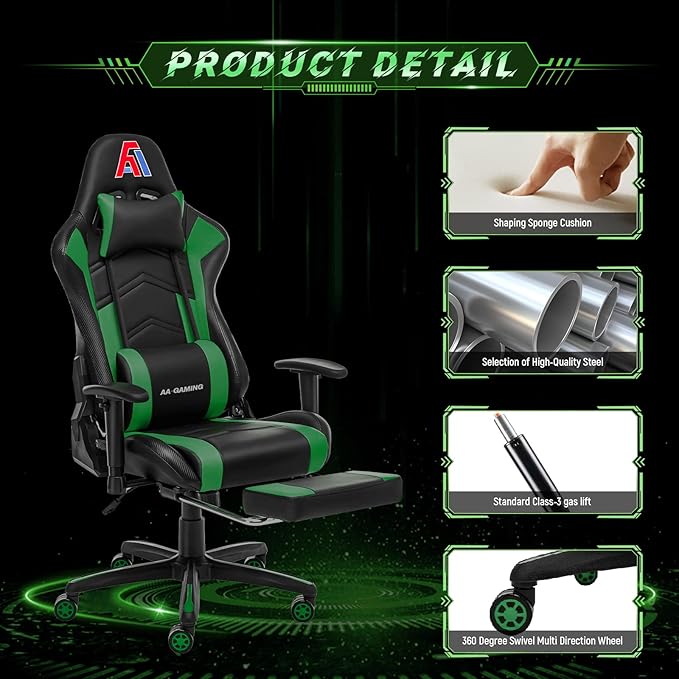AA Products Gaming Chair High Back Ergonomic Computer Racing Adjustable Gamer Chair with Footrest, Lumbar Support Swivel Chair – Blackgreen