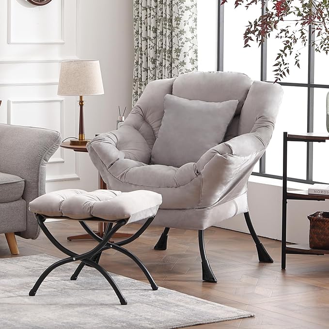 Large Lazy Chair with Ottoman, Accent Reading Chair with a Soft Grey Throw Pillow, Cozy Lounge Chair with Armrest, Leisure Sofa Chair for Living Room, Bedroom, Dorm, Velvet Soft Grey