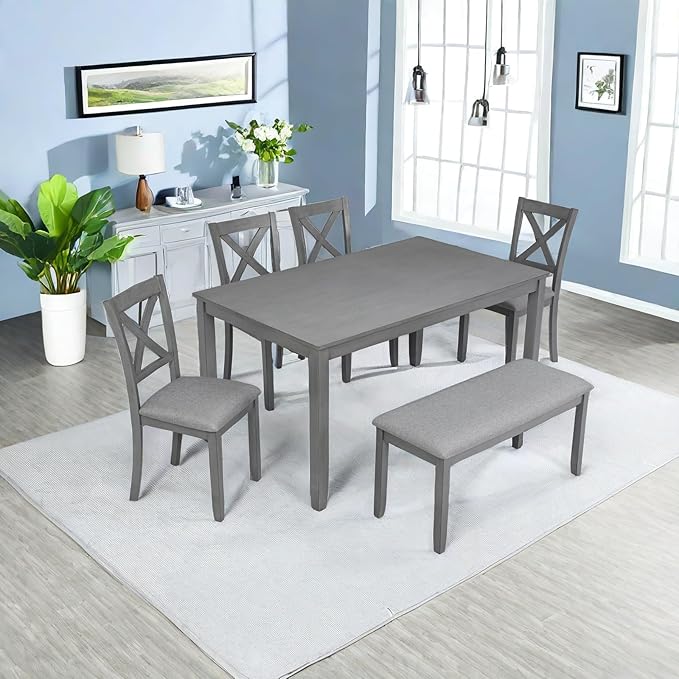 Dining Table Set, 6-Piece Kitchen Table & Chair Set with Rectangular Dining Table, 4 Upholstered X-Shaped Backrest Chairs and a Bench, Wooden Dining Table Set for 6 People, Gray