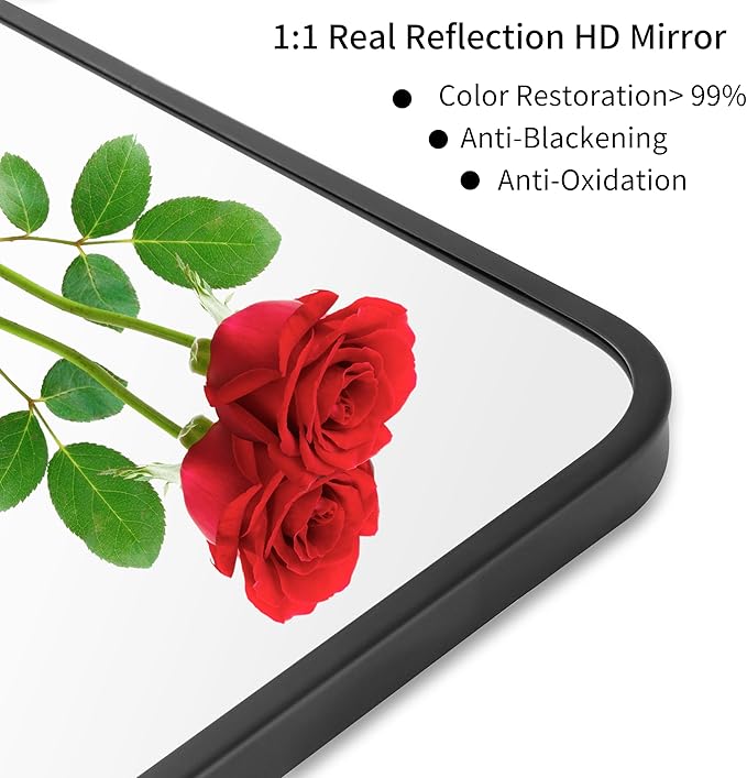 36"x48" Bathroom Wall Mirror with Matte Black Metal Frame & HD Glass, Copper-Free Mirrors Modern Rectangle Round Corner Framed Vanity Mirror - Horizontal or Vertical Installation