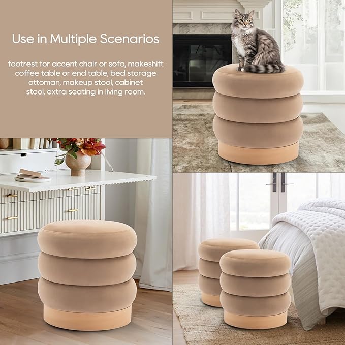 COLAMY Velvet Ottoman Footstool, Tufted Modern Foot Rest Stool with Wood Base for Living Room, Bedroom, Desk, Round Versatile Side End Table, Pouf, Makeup Seat,2pcs,Camel
