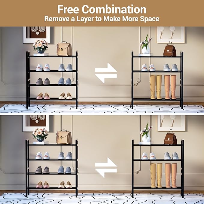 Haddockway Bamboo Shoe Rack for Closet, Free Standing Shoe Organizer with Smooth Round Rods & Convenient Handles, Stackable Shoe Storage Shelf for Entryway, Hallway(Black, 4-Tier(Small))