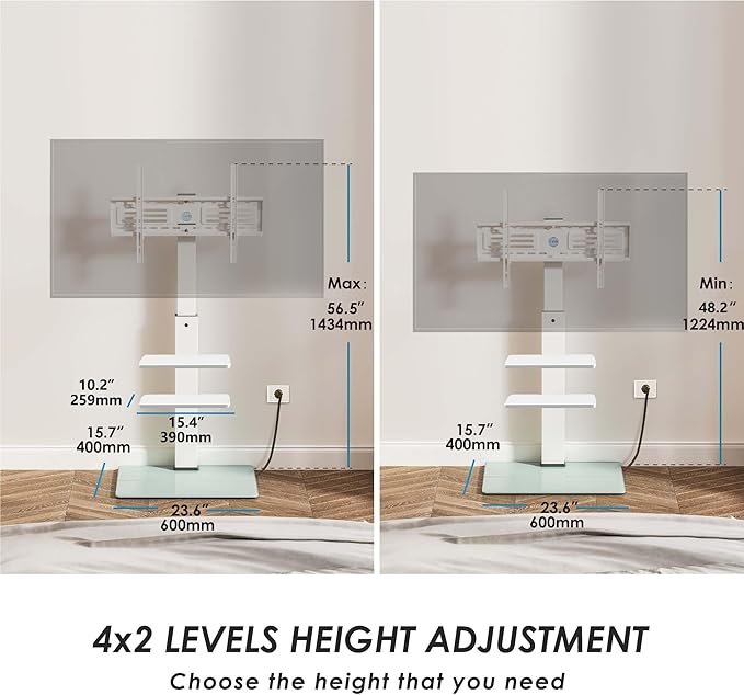 FITUEYES Floor TV Stand for 32-75 inch TV with Power Outlet, Tall TV Mount for Bedroom Living Room with Tempered Glass Base, TV Stand with Mount Holds Up to 88lbs MAX VESA 600x400mm,White