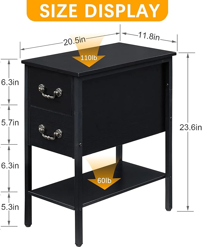 VECELO End Tables,Narrow Nightstand with Drawers and Storage Shelf,Modern Night Stand for Small Spaces, Living Room,Bedroom