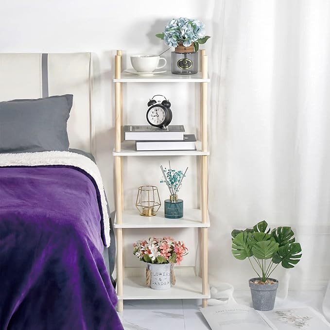 LITA Modern Wood Side Table, Accent End Table Plant Night Stand with Magazine Storage for Bedroom, Living Room, Bathroom, White, 4- Tier