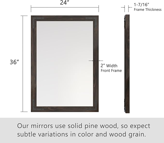 VocalStar Black Wood Framed Mirror 24 x 36 Inch, Rustic Natural Black Wooden Rectangle Bathroom Vanity Wall Mirror for Farmhouse Boho Decor, 1/4-inch Shatterproof Glass | Waterproof