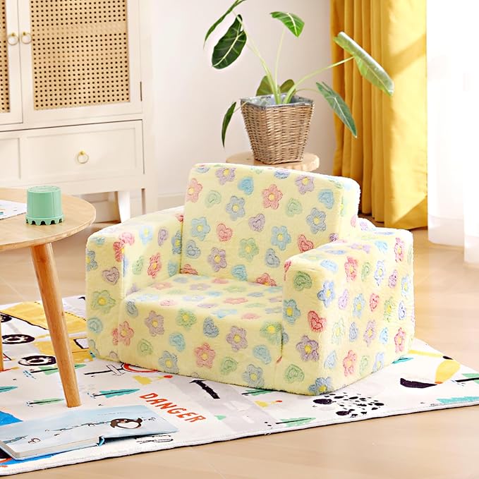 Tiita 2-in-1 Kids Sofa, Convertible Children Couch to Lounger, Flip Out Kids Chair, Toddler Armrest Chair Bed, Folding Kid Play Sofa for Girl or Boy, Flower