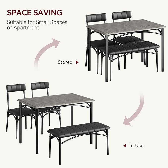 Dining Table Set for 4, Small Dining Table Set with Upholstered Bench and 2 Chairs, Kitchen Table and Chairs for 4, for Small Space, Apartment, Dinner, Rustic Gray