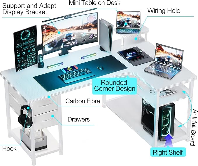 GTRACING Gaming Desk with Drawers, Carbon Fiber Style L Shaped Computer Desk Compatible with Monitor Arm Corner Desk Gaming Table for Home Office Desks, Easy to Assemble Adjustable Shelf Height