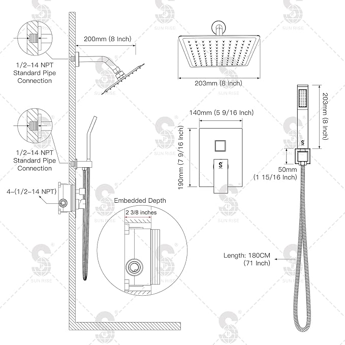 SR SUN RISE Shower System - Shower Faucet Set with 8 Inch Rain Shower Head and Handheld Shower - High Pressure Rain Shower System - All Metal Shower Faucet Trim Repair Kits - Polished Chrome