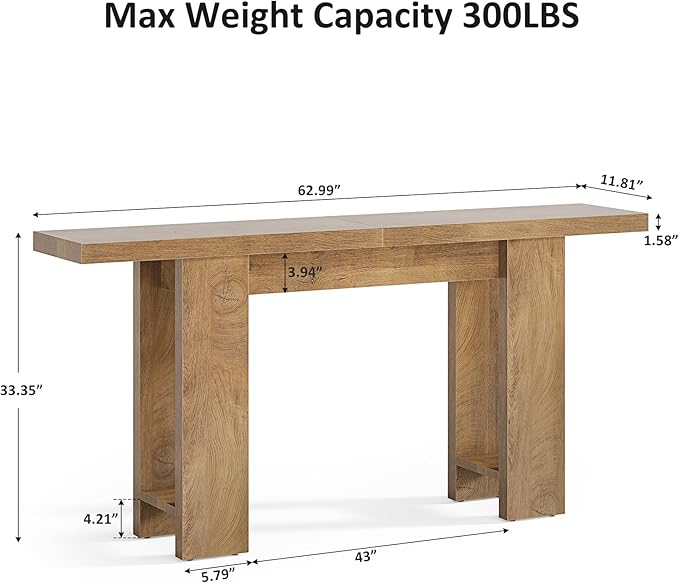 63-Inch Farmhouse Console Table, Narrow Long Sofa Table Behind Couch, Wooden Style Entry Console for Entryway, Foyer, Hallway, Living Room, Light Brown