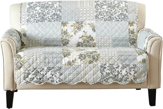 Patchwork Scalloped Printed Furniture Protector Stain Resistant Loveseat Cover (Loveseat, Grey)