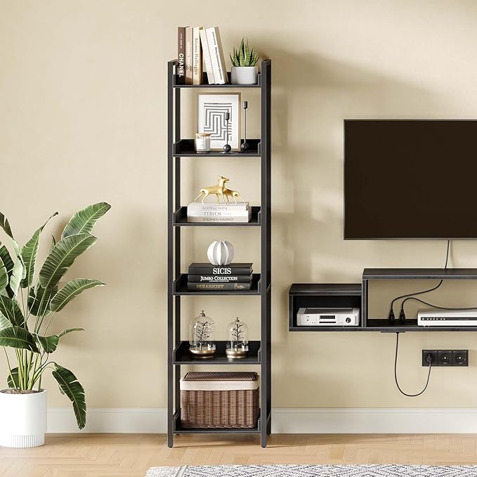 Rolanstar Bookshelf, 6-Tier Storage Rack, Narrow Corner Bookshelf, Display Wooden Shelves for Living Room, Bathroom, Balcony, Kitchen,Black