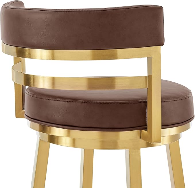 Armen Living Madrid 30" Seat Height Swivel Modern Vintage Coffee Faux Leather and Gold Brushed Stainless Steel Bar Stool for Kitchen Island Counter