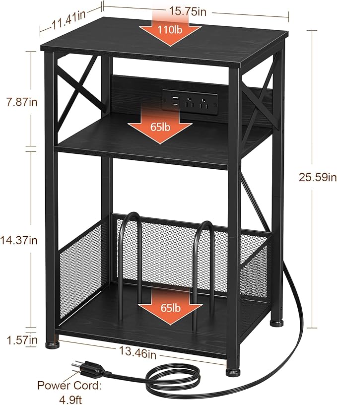 AMHANCIBLE Record Player Stand with Charging Station, Turntable Stand with Storage Cabinet, 3 Tier End Table Hold Up to 100 Albums, Record Stand for Vinyl, Living Room, Black, HETCD01BK-1