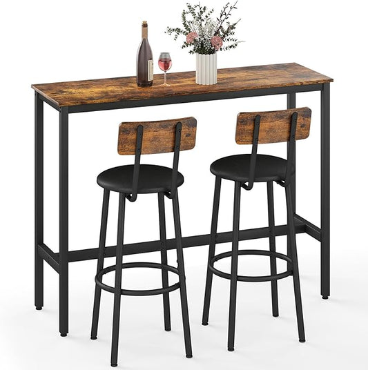 Dining Table Set for 2, 3-Piece Bar Table and Chairs Set, Kitchen Table and Chairs, High Top Table with 2 PU Upholstered Stools, Space-Saving Pub Table Sets for Small Space, Brown