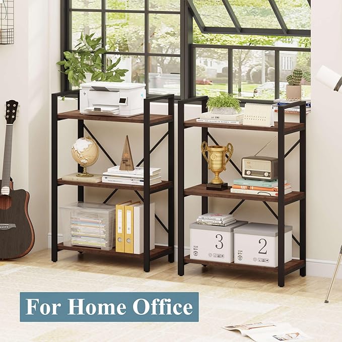 BON AUGURE 3 Tier Industrial Bookshelf, Office Small Open Book Shelf for Small Space, Short Narrow Wooden Etagere Bookcase for Living Room, Bedroom and Kitchen (Rustic Oak)