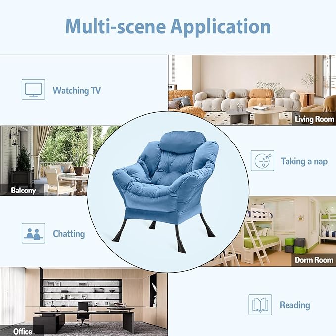 Lazy Chair Thick Padded, Comfy Velvet Accent Lounge Chair with Stable Frame, Leisure Sofa Armchair with Armrests and Side Pocket, Reading Chair for Bedroom, Living Room, Office, Light Blue