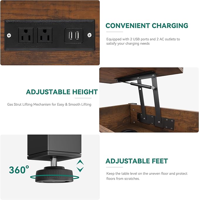 YITAHOME 4-in-1 Lift Top Coffee Table with RGB Light & Dual Tops, Multi-Function Table with Power Outlets, Storage, Converts to Dining Table Computer Desk Gaming Hub, Living Room, Home Office, Brown