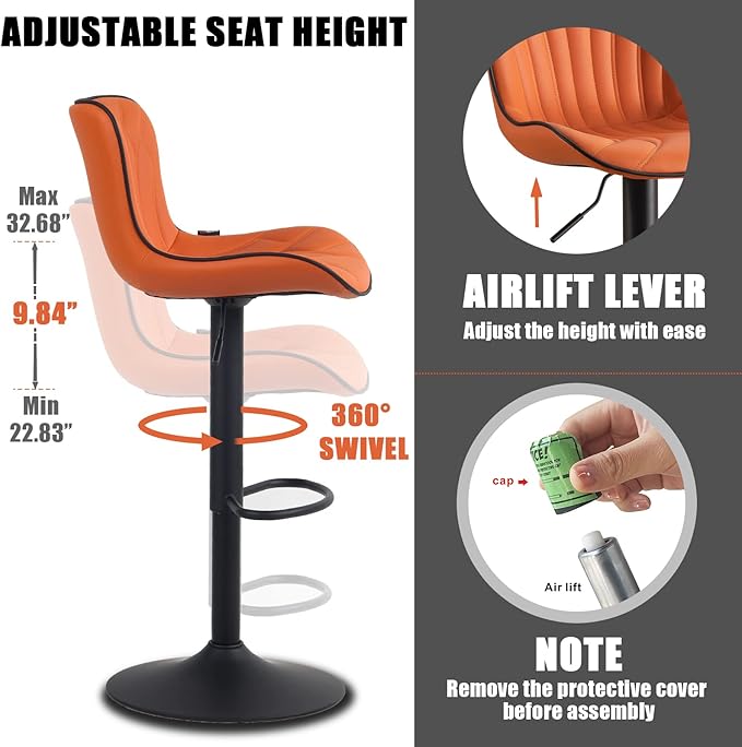 YOUNIKE Orange Bar Stools Set of 4 Modern Swivel Counter Height Bar Chair with Back Adjustable Kitchen Island Faux Leather Padded Barstools taburetes de bar Breakfast sillas para barra de cocina 4PCS