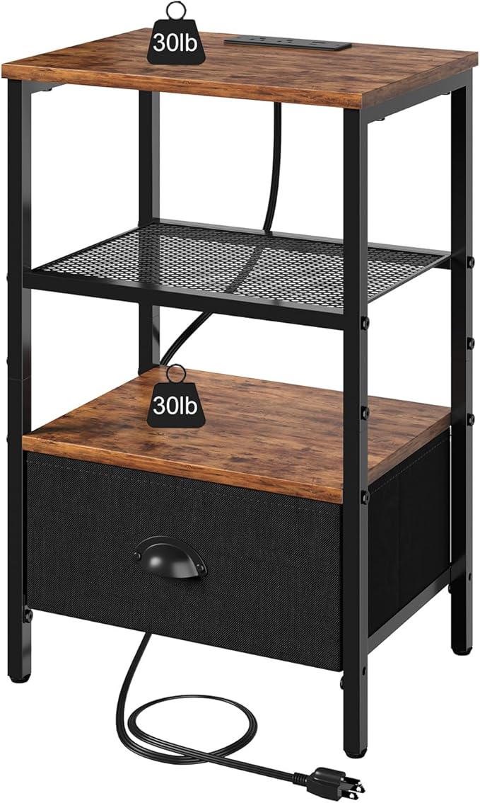 Sthmec Nightstands with Charging Station, LED Bedside Tables with Charging Station and Fabric Drawer, Night Stand with Storage, 3 Tier Side Table with Open Shelf,Nightstand Bedside Table,Rustic Brown