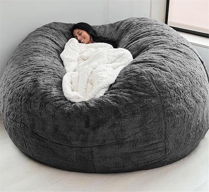 Giant Fur Bean Bag Chair Cover for Kids Adults, (No Filler) Living Room Furniture Big Round Soft Fluffy Faux Fur Beanbag Lazy Sofa Bed Cover (Grey, 6FT)