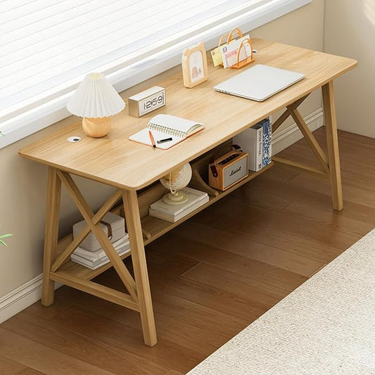 Extra Long Desk with Bookshelf - Wooden Home Office Work Study Table, Writing Computer Workstation with Storage Shelf in Oak, 55" Wx20 Dx30 H