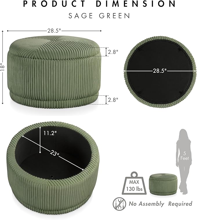 Furniture of America Lennox Modern Chenille 29-inch Round Storage Ottoman with Flip Top, Upholstered Footstool, Circle Coffee Table for Living Room, Bedroom, Entryway, Green