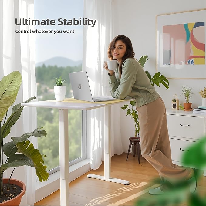 INNOVAR Glass Standing Desk, 48 x 24 Inches Height-Adjustable Desk, Tempered Glass and Wooden Top, Quick Install Home Office Stand Up Desk with 4 Presets, White Glass and Natural Wood