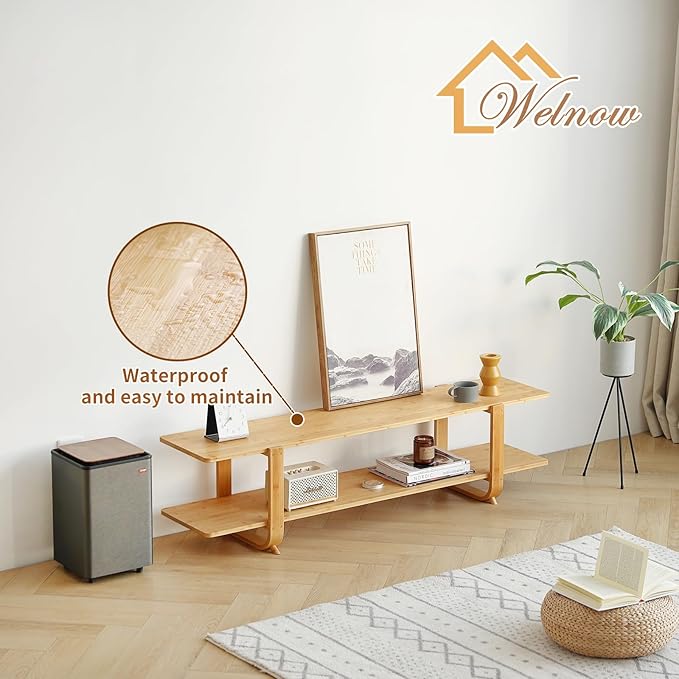 Welnow Bamboo TV Stand for Up to 65 Inch, Mid Century Modern Entertainment Center with 2-Tier Open Shelves, Storage Media Console Table for Living Room, Bedroom, Natural