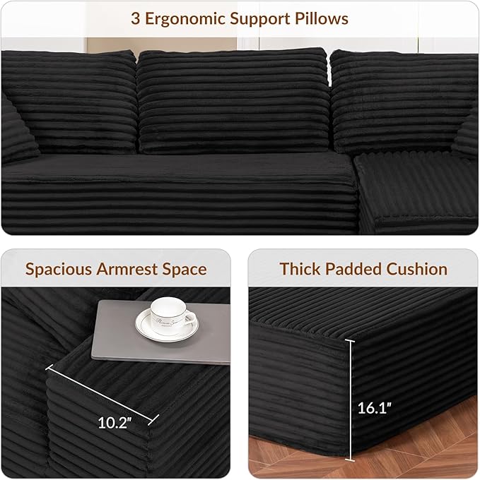 COMHOMA 105”Modular Sectional Sofa with Deep Seat,Cloud Upholstered L-Shape Couch Wide Arms Corduroy Fabric High-Density Foam Chaise Lounge for Living Room No Assembly Required