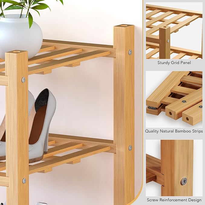 Haddockway small 6 Tier Bamboo Shoe Rack Storage Organizer,Multifunctional Free Standing Stackable Shoe Shelf with Grid Panel for Closet,Hallway,Entryway,Small Space 18"x11"x34"(Natural, 6-Tier Small)