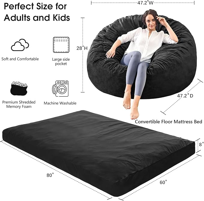 Bean Bag Chairs for Adults - Giant Bean Bag Chair Convertible Bean Bag Bed - Beanbag Chair with Micro Fiber Cover/Furniture Foam Filler - Floor Couch Sofa in Bedroom Dorm Room - Queen Carbon Black