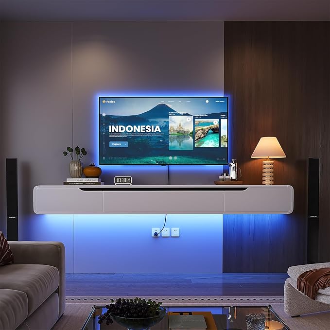 Fully-Assembled Floating TV Stand, 47IN High Gloss Wall Mounted Entertainment Center, Modern Media Console with Storage, Under TV Shelf for Bedroom Living Room White