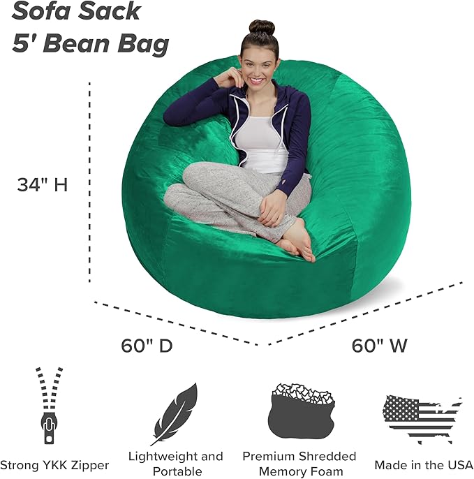 Sofa Sack Bean Bag Chair - Plush, Ultra Soft - Memory Foam Bean Bag Chair with Microsuede Cover - Stuffed Foam Filled Furniture and Accessories for Dorm Room 5 Feet - Aqua Marine